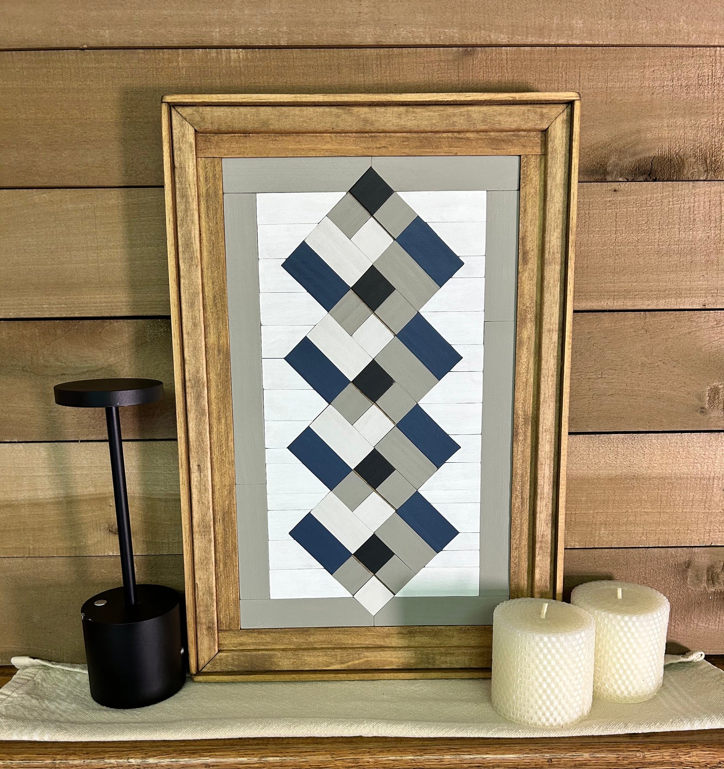 Navy Blue, Gray & White Geometric Barn Quilt | Handmade Wooden Farmhouse Wall Art
