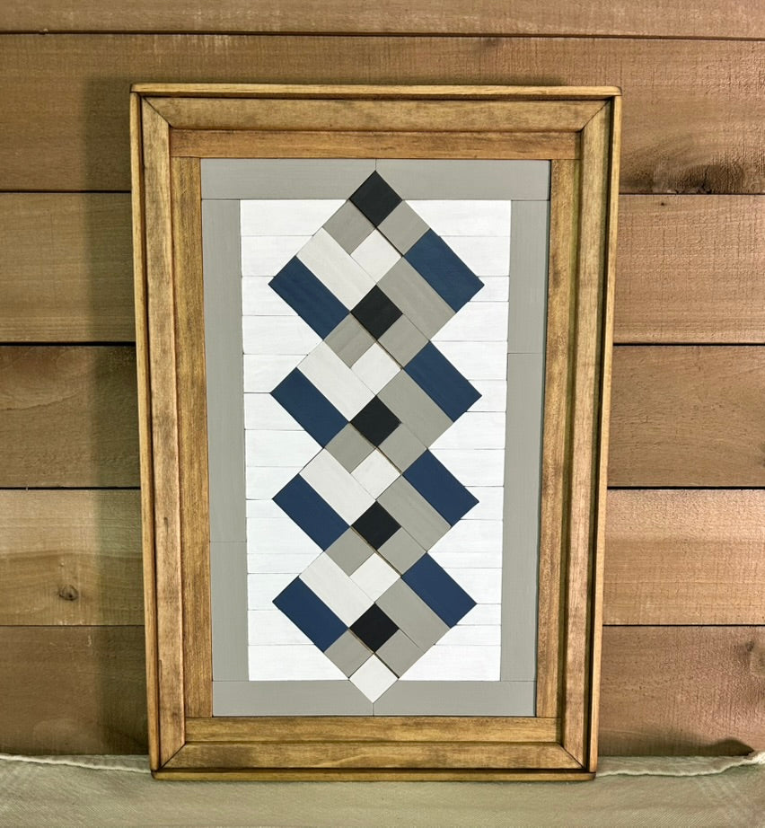 Navy Blue, Gray & White Geometric Barn Quilt | Handmade Wooden Farmhouse Wall Art