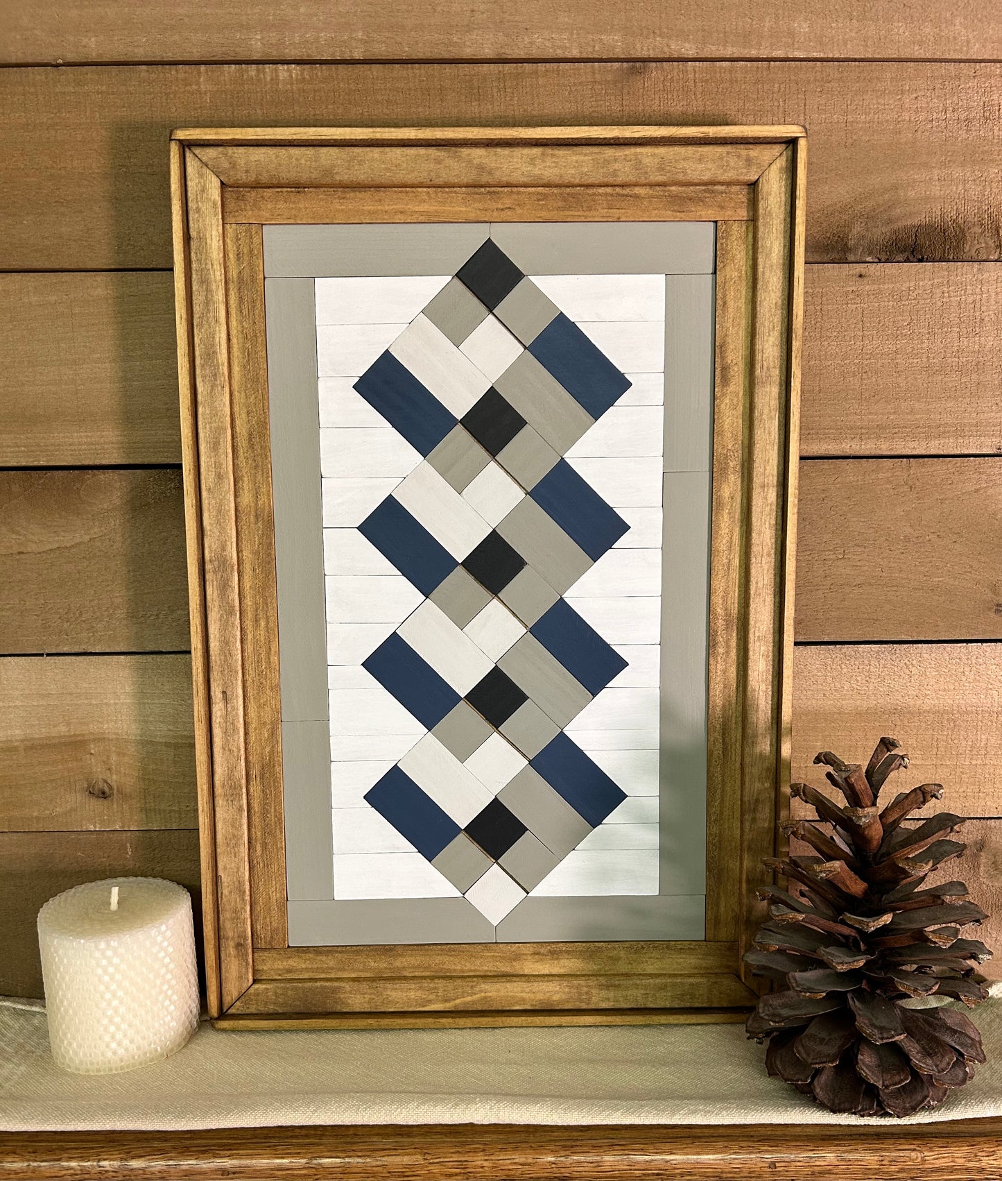Navy Blue, Gray & White Geometric Barn Quilt | Handmade Wooden Farmhouse Wall Art