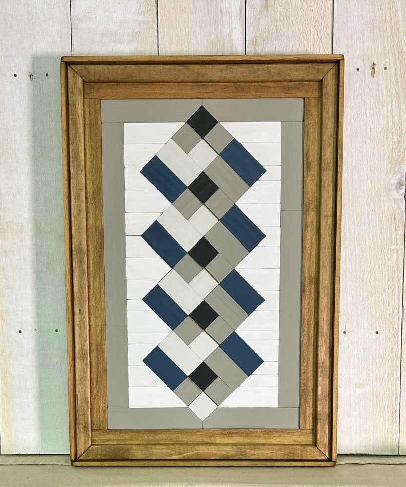 Navy Blue, Gray & White Geometric Barn Quilt | Handmade Wooden Farmhouse Wall Art
