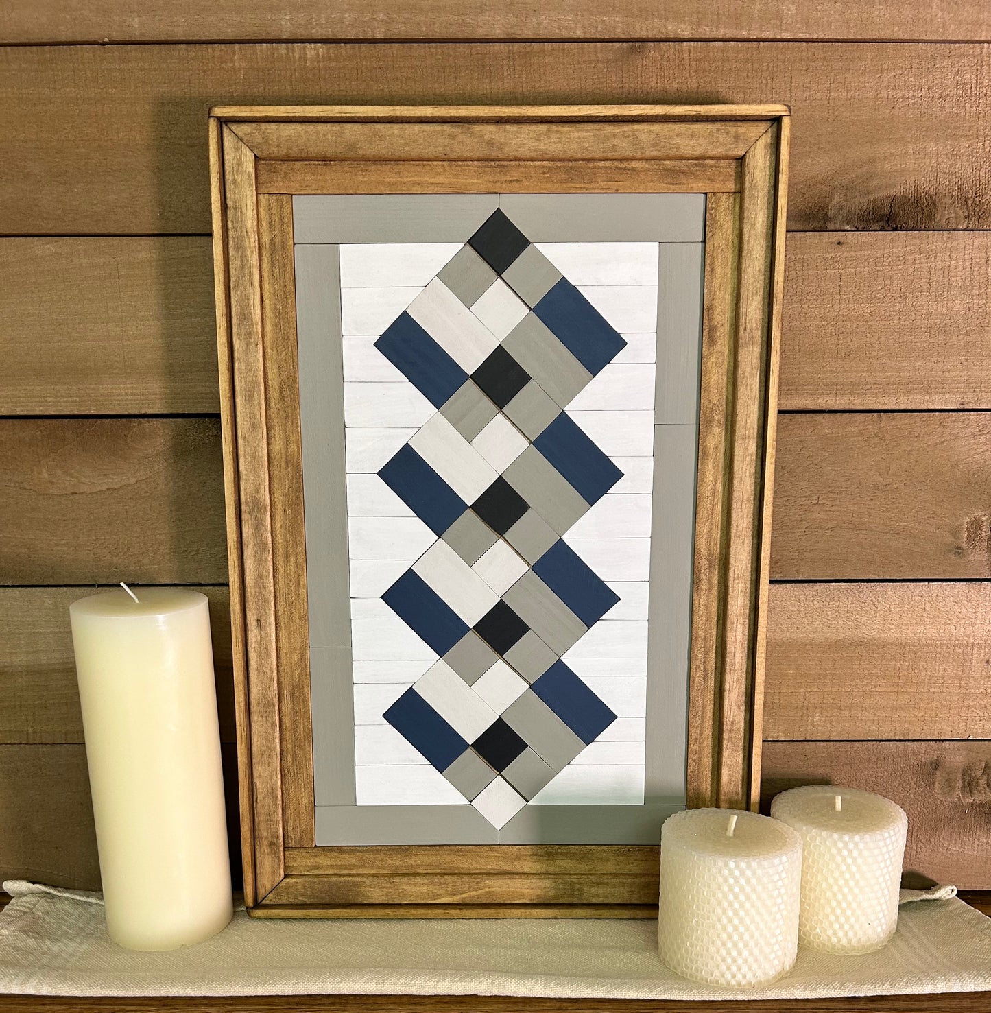 Navy Blue, Gray & White Geometric Barn Quilt | Handmade Wooden Farmhouse Wall Art